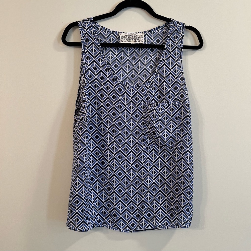 Women’s Pink Martini blue patterned sheer sleeveless blouse size medium M